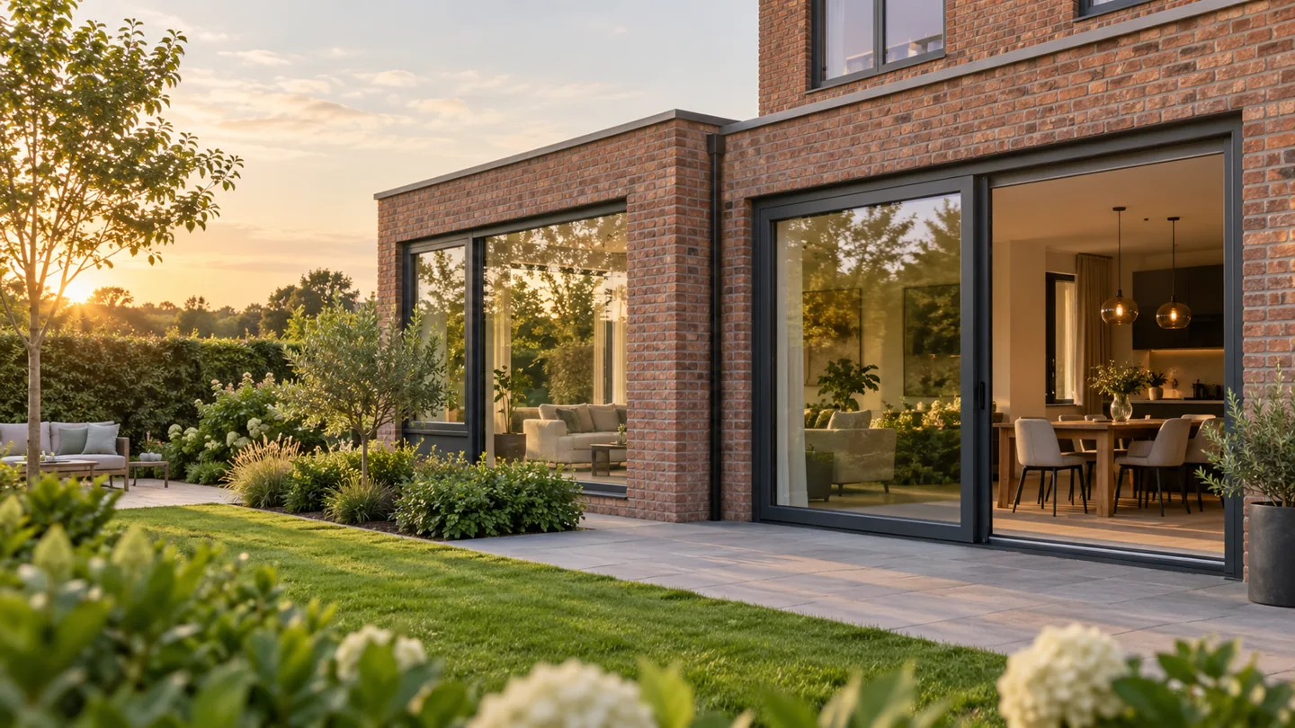 Wooninspiratie: bakstenen woning met donkere kozijnen en grote glaspartijen